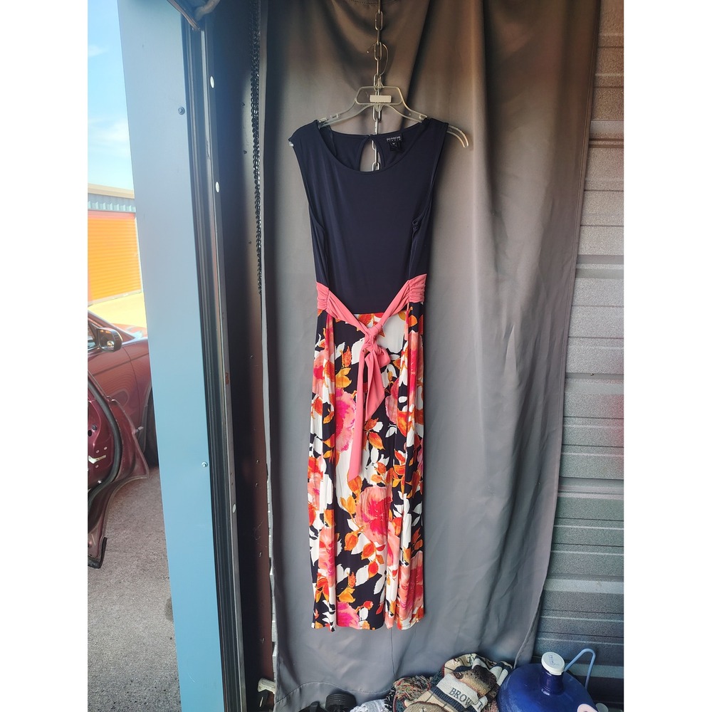 En Focus Studio Womens Navy Blue Floral Maxi Dress Pink Sash Size 14 Sleeveless